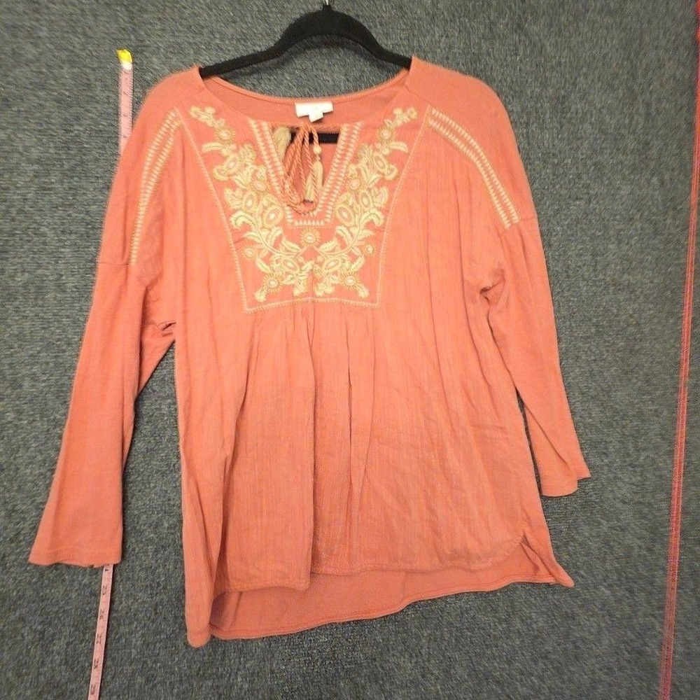 J. Jill Blouse Womens PM Pink Embroidered Tassel V Neck Peasant Tunic Top Boho